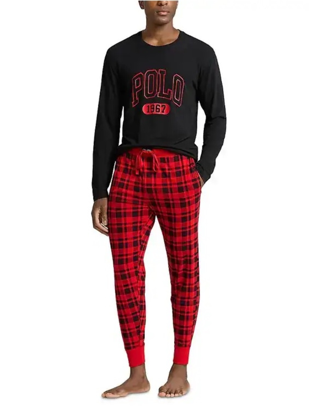 NEW Polo by Ralph Lauren Black Long-Sleeve Top with Red Plaid Pajama Pant Set